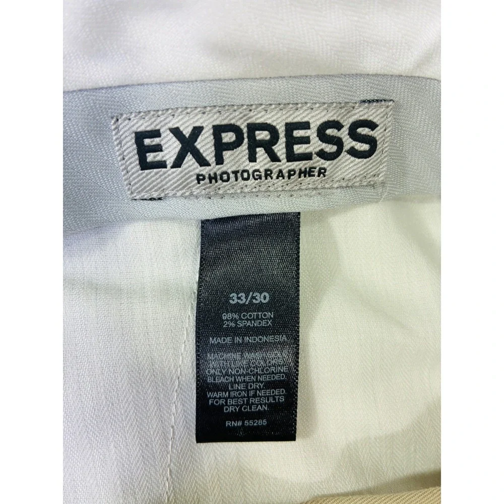 Express Photographer Mens Tan Khaki Flat Front Chino Trousers Dress Pants 33x30